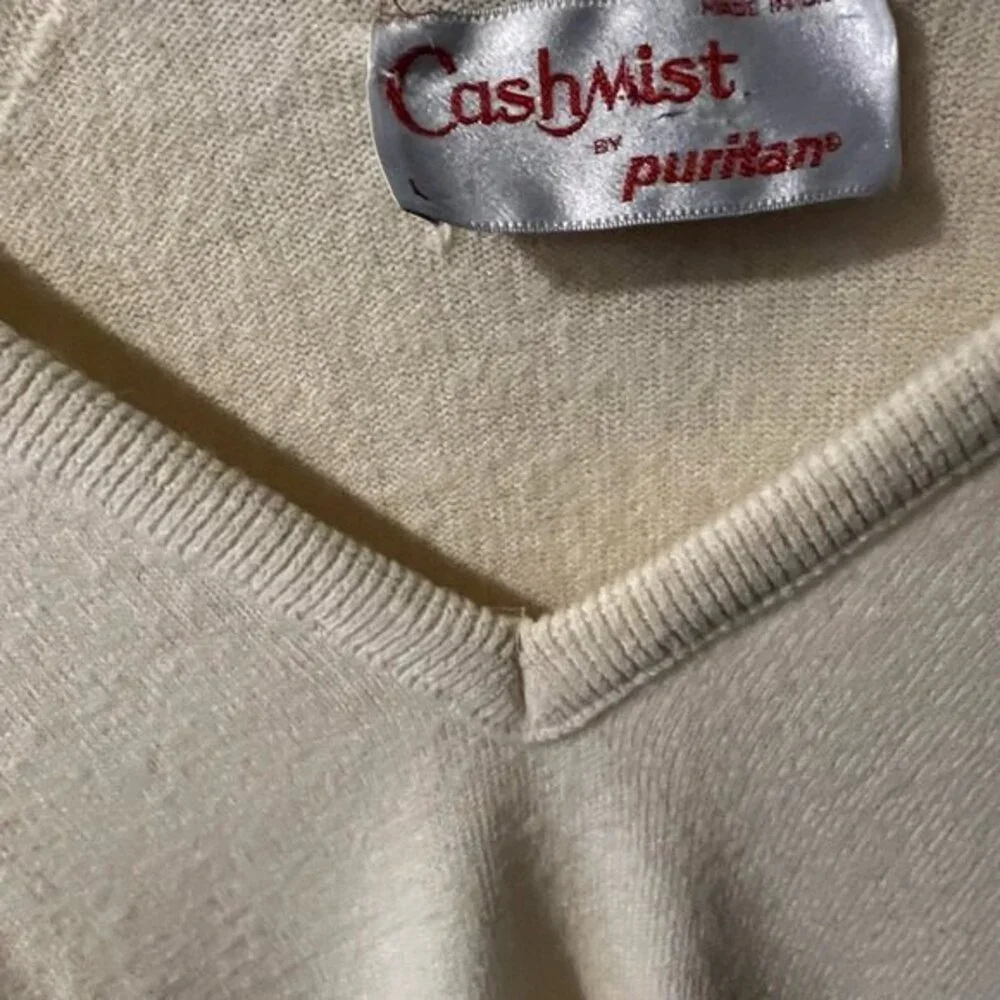 Vtg Puritan Cashmist V-Neck Sweater Mens L Ivory Preppy Ivy pullover Knit USA